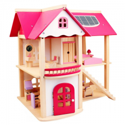 Pink House - Casuta de joaca cu mobilier din lemn inclus  cu doua nivele 